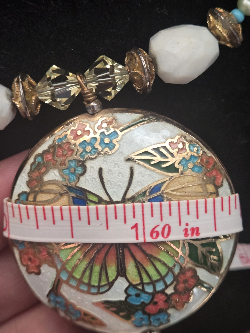 Vintage Cloisonné Butterfly Motif Pendant Necklace, Cloisonne And Stone Beads - Picture 9 of 13